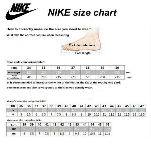 size kasut nike