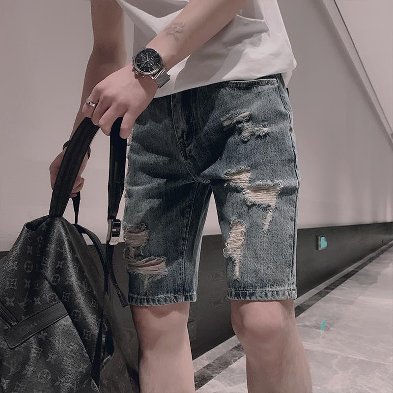 2022 Summer Ripped Denim Shorts Men's Social Guy Pants Influencer Street Wear Trendy Loose All-Match Five-Point2022夏季破洞牛仔短裤男社会小伙中裤网红潮牌潮流宽松百搭五分裤2022 musim panas merobek celana pendek lelaki sosial lelaki seluar net maret merah trend s lepas dan versatile C