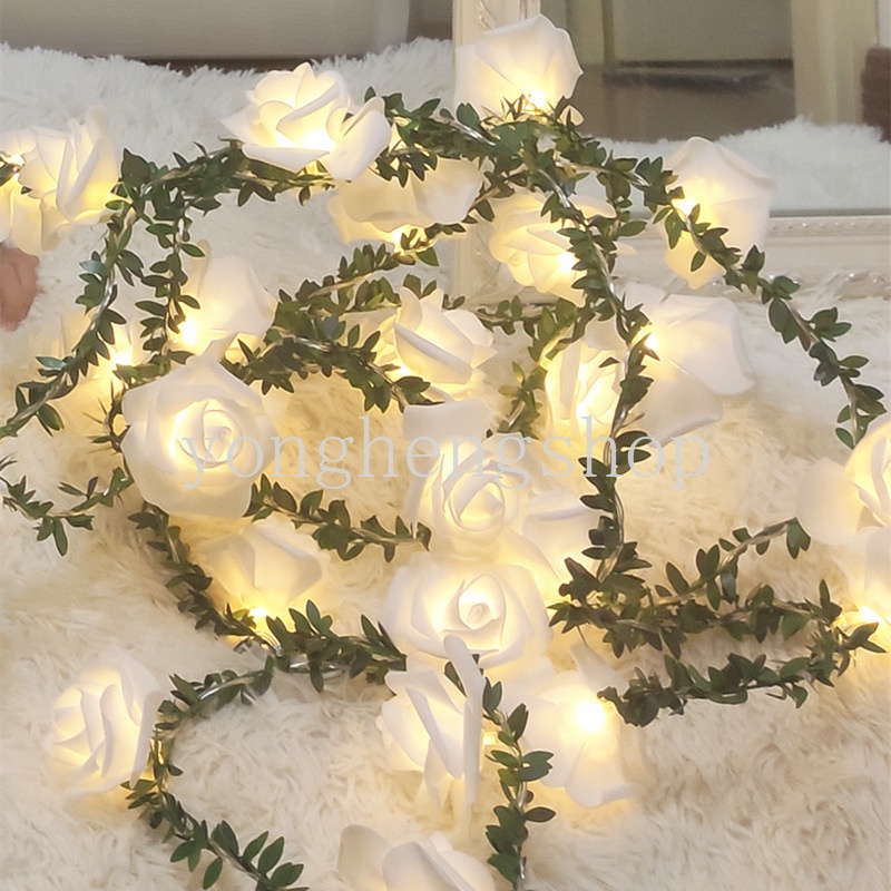 Artificial Green Leaf Rose Flower LED String Lights DIY Garland Lamp Xmas Party Wedding Decor Supply Outdoor Garden Decorative Light