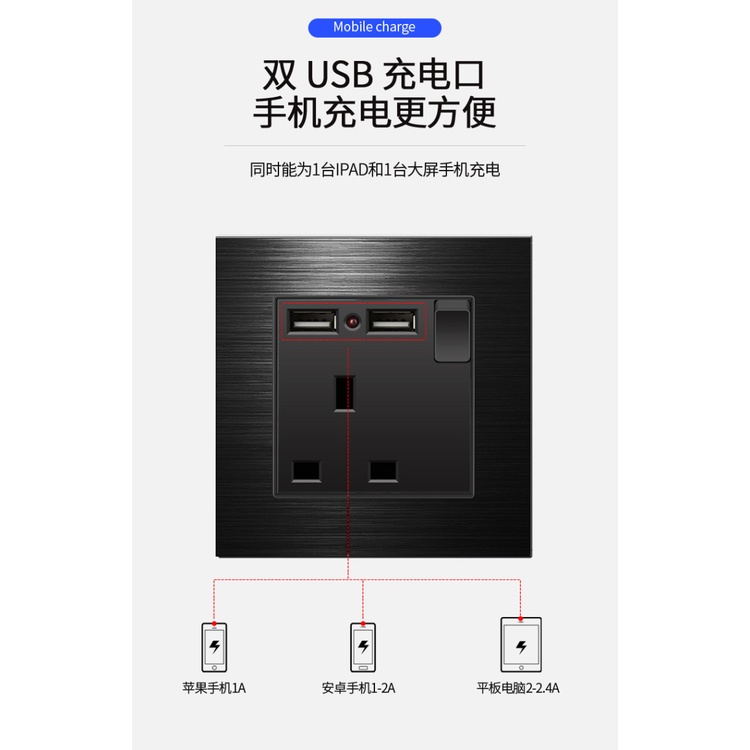 Versatile Multi UK universal 13A socket (3/5 pin) Type-c/USB dual charging port light controller/switch tempered glas... - Image 3