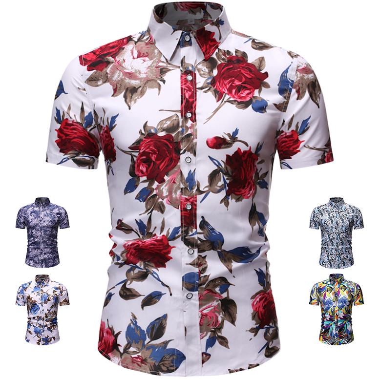 READY STOCK!5 Colors Summer Mens New Short Sleeve Slim Shirts Stand Collar Lattice Casual Blouse Fashion Floral Shirts