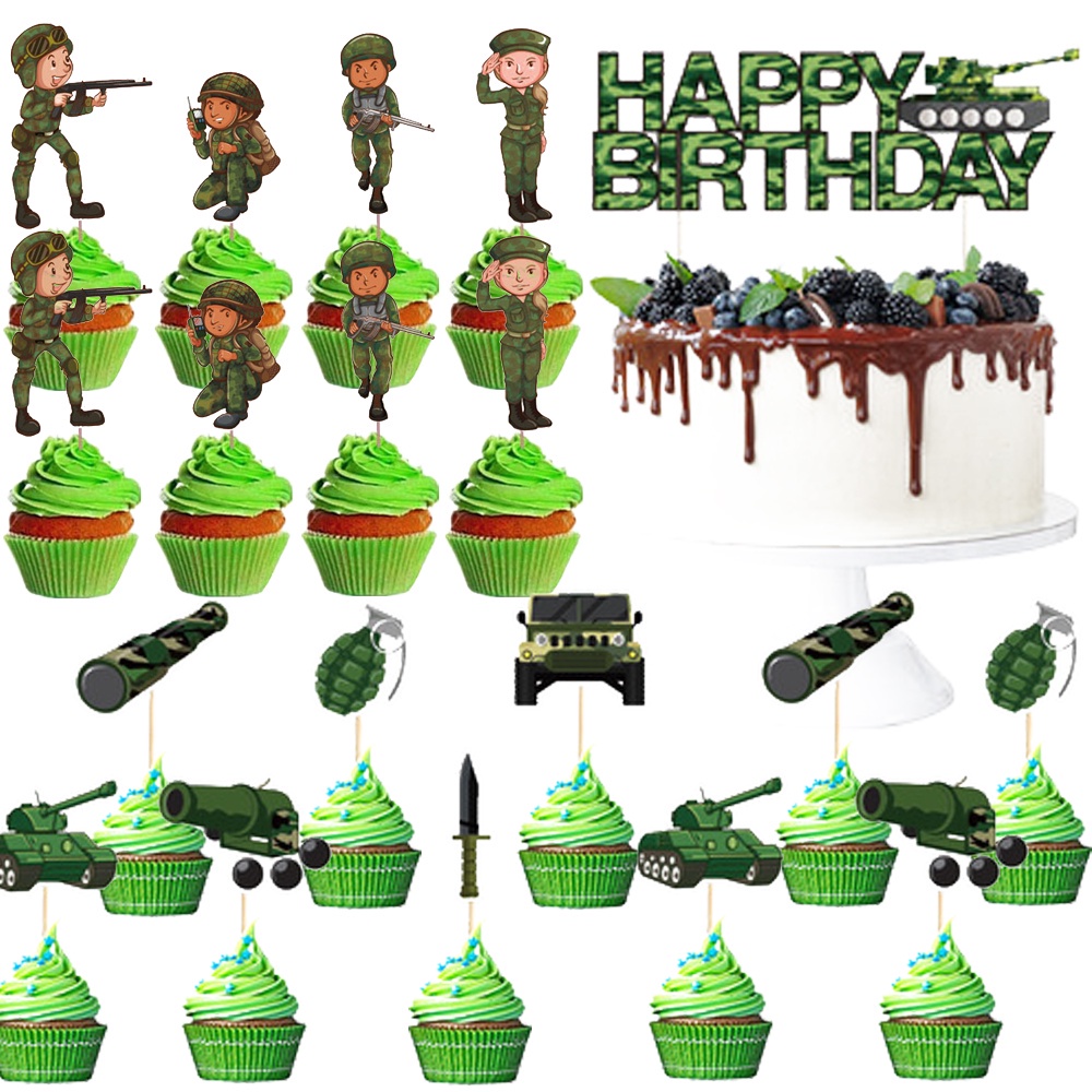 Army Birthday Party Decor Camo Cake Toppers Camouflage Tank Plane Cupcake Topper Kids Birthday Soldier Military Party Supplies