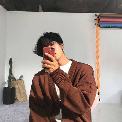 ? turtleneck sweater man ? mantel Lelaki Hoodie Lelaki Wool sweater man sweater Lelaki ☃Pakaian hasil rajutan lelaki versi Korea longgar v-leher kacak bermutu tinggi single-breasted pepejal warna musi