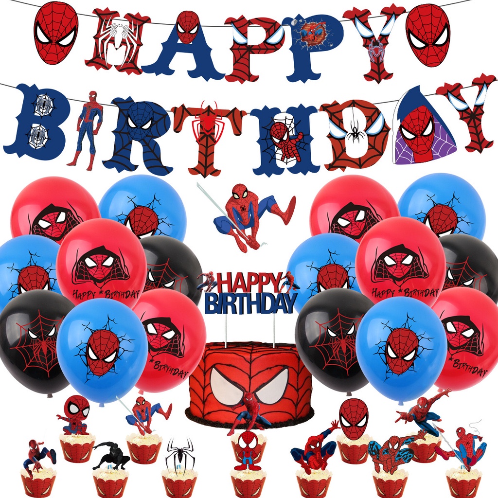 ✨Ready Stock✨ Spiderman Superhero Birthday Theme Party Decoration Bunting Banner Latex Balloon Cake Topper