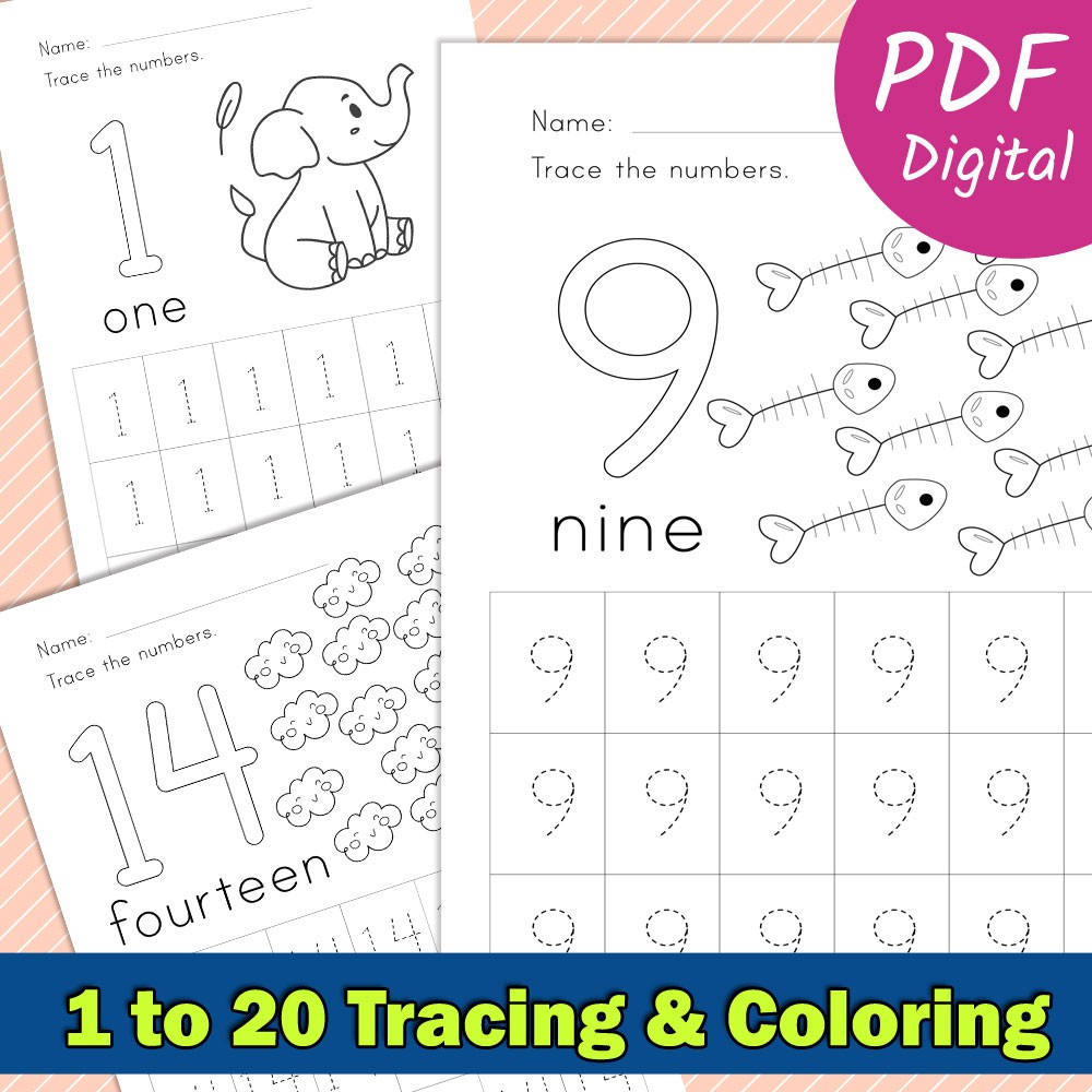 number 1 to 20 tracing coloring preschool kindergarten number worksheet without color color softopy pdf