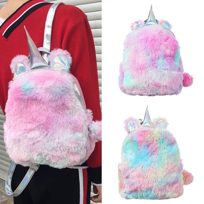 Rainbow Fluffy Unicorn Backpack Plush Back To School Rucksack Zipper