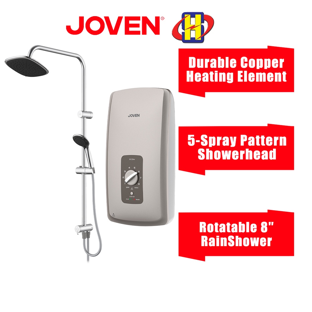 Joven Instant Water Heater (Non-Pump/Rain Shower/Dark Silver) SC33 Series 5-Spray Pattern Showerhead SC33m-RS