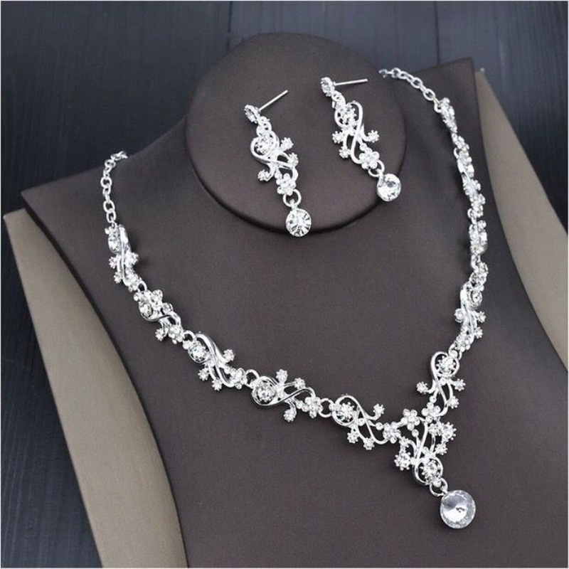 Bridal Rhinestone Jewelry Floral Necklace Earring Set