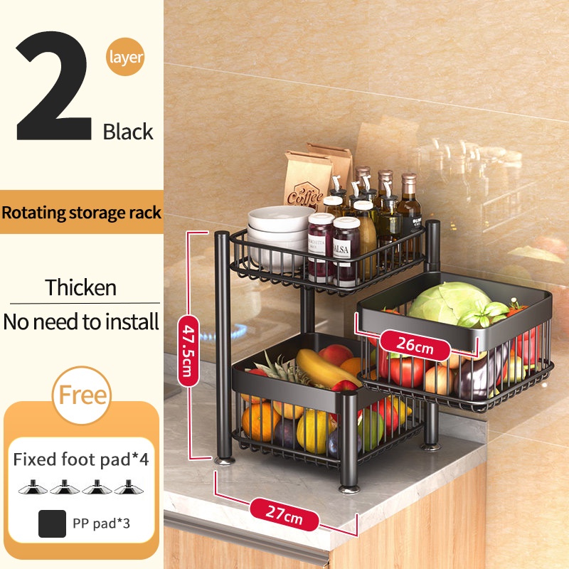 shopee: Stainless Steel Rak Dapur Kitchen Rotating Rack Vegetable Spice Rack Storage Organizer with Wheel Bathroom Rack (0:8:Tier:2 Tiers（Black）- B;:::)