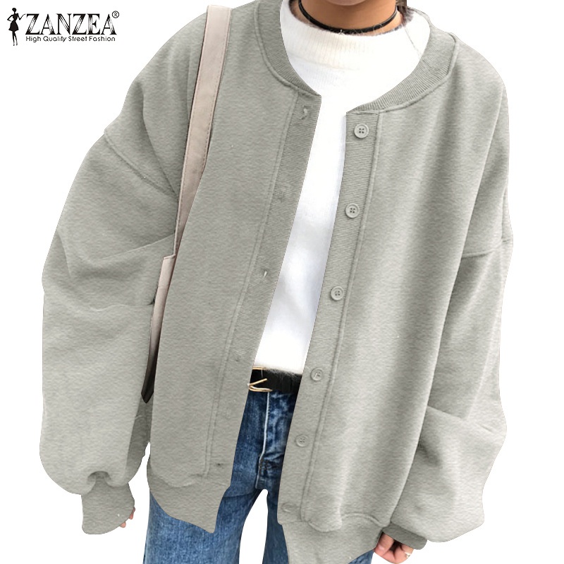 ZANZEA Women Long Puff Sleeve Casual O-Neck Loose Buttons Solid Color Jacket