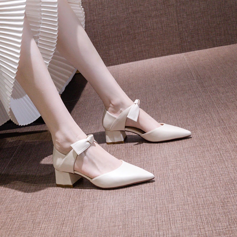 Slippers women's shoes 2022 new trendy pointed toe hollow bow 5cm high heels schoolgirls thick heel sexy fashion shoes