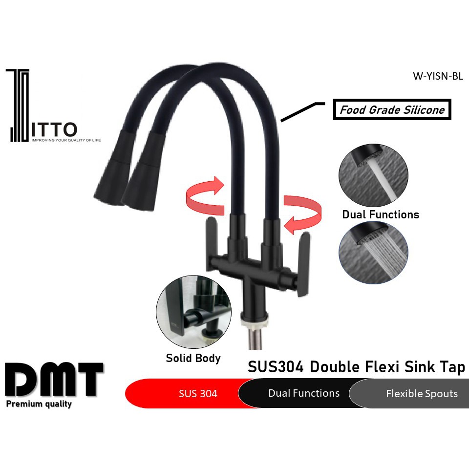 ITTO SUS304 Black Stainless Steel Kitchen Sink Tap, Double Flexible, Paip Air Sinki Hitam, Premium Quality