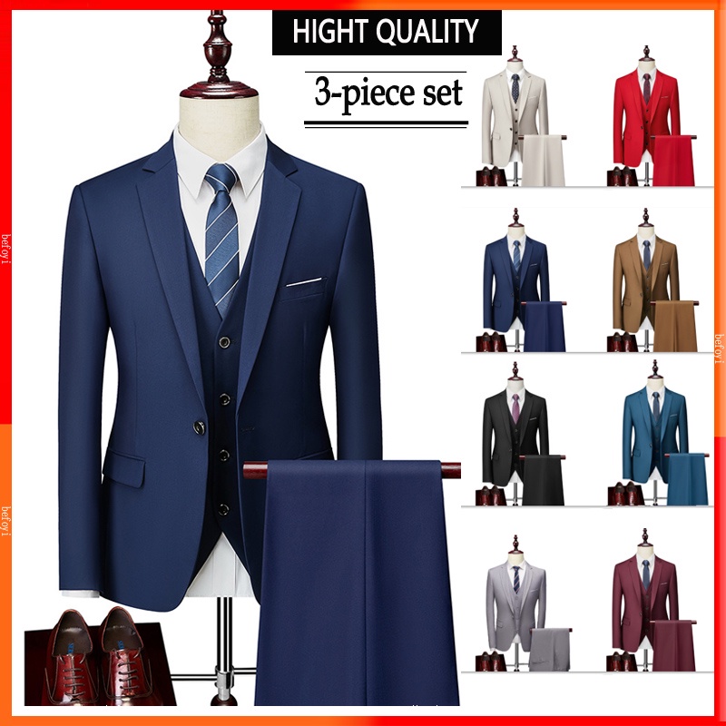?3-Piece Set? Men Suits 3-Pieces Set Formal Business Wedding Casual Korean Slim Fit Blazer Office Coat Jackets Tuxedo Sut lelaki