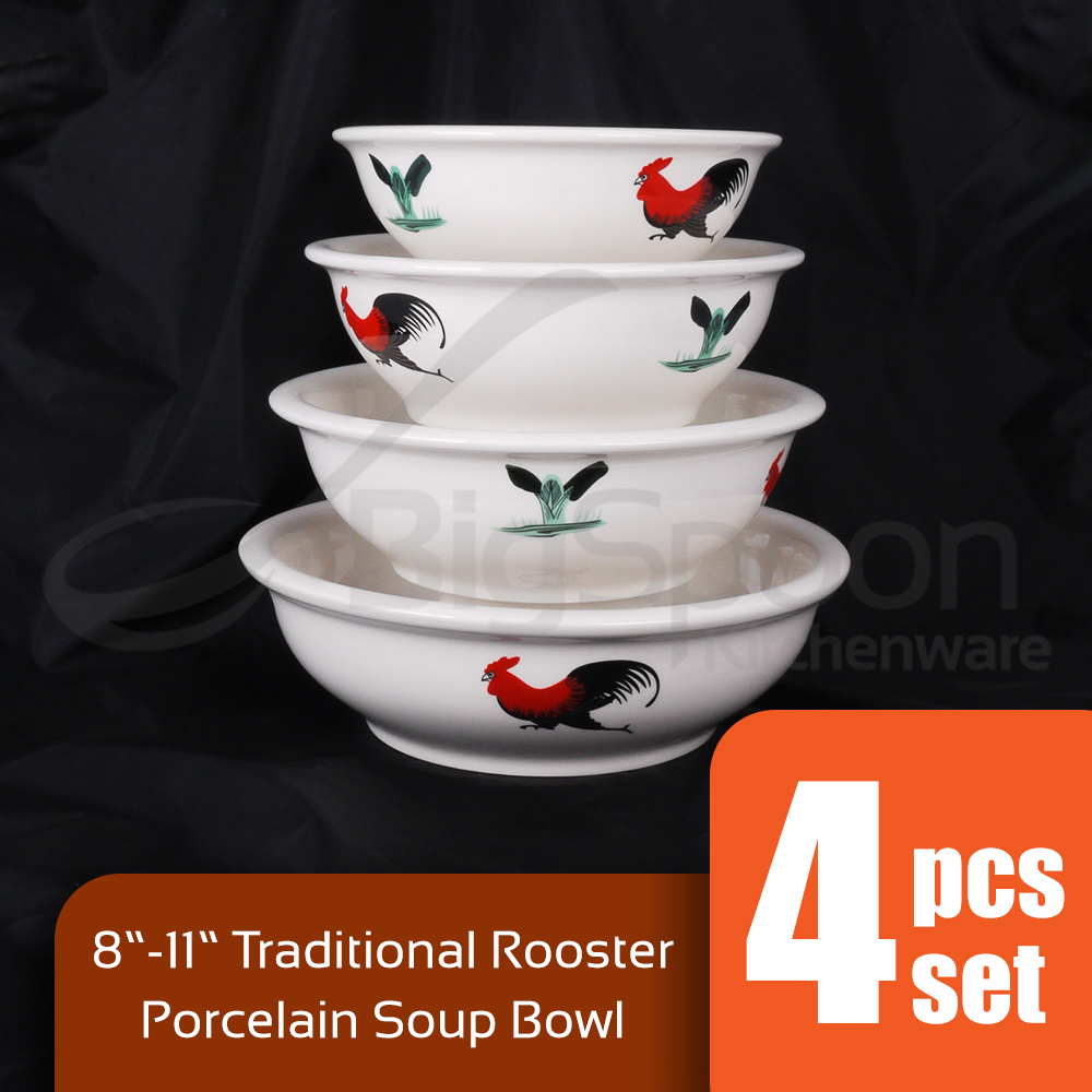 BIGSPOON 4-Pcs Ceramic Bowl CNY Soup Noodle Rice Bowl Set Mangkuk 陶瓷碗 Microwave Safe Chinese New Year 汤碗 8/9/10/11 inch