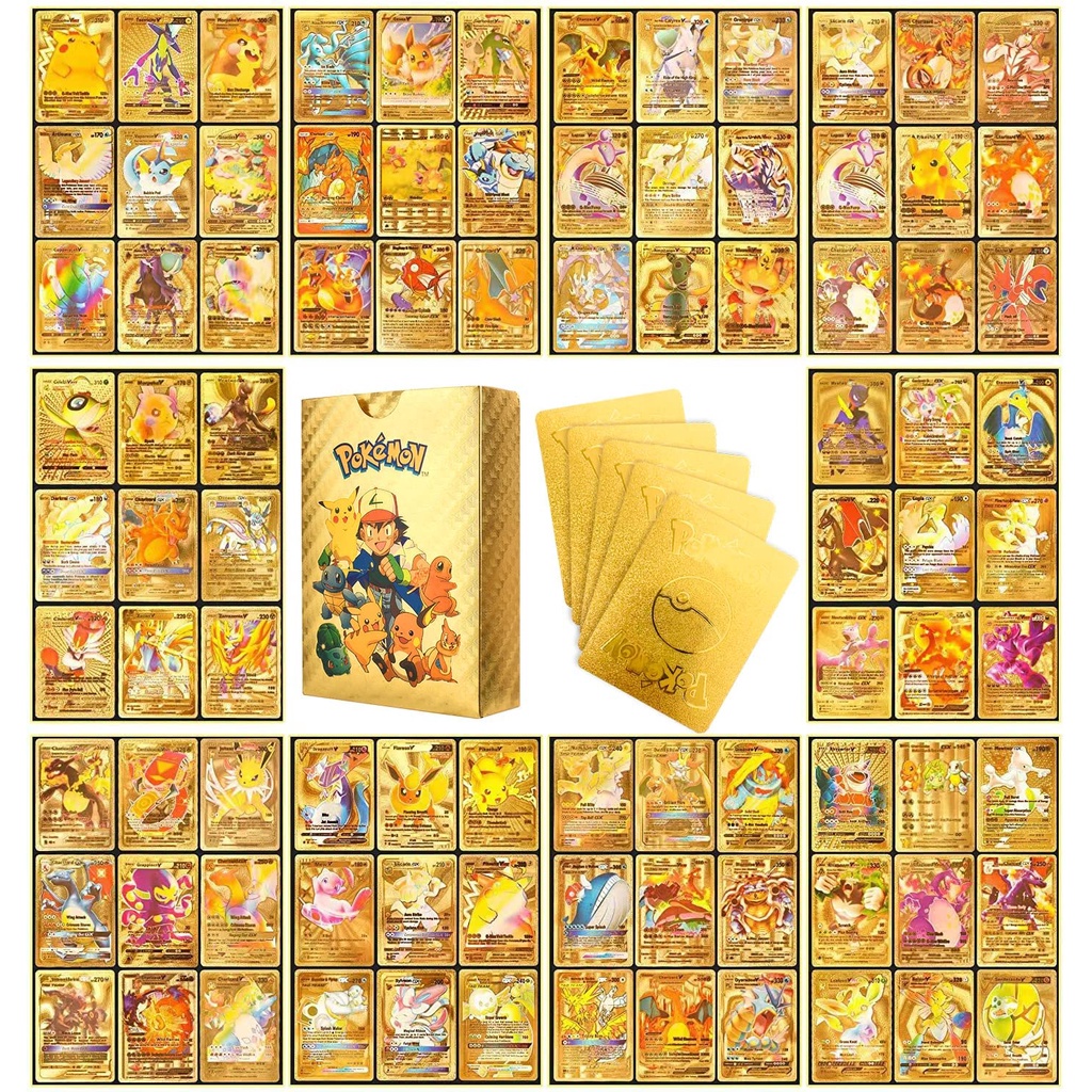 Quality Essential 55pc English / Spanish Cartas Pokemon Metal Gold Card Box Golden Letters Playing Cards Metalicas Ch... - Image 3