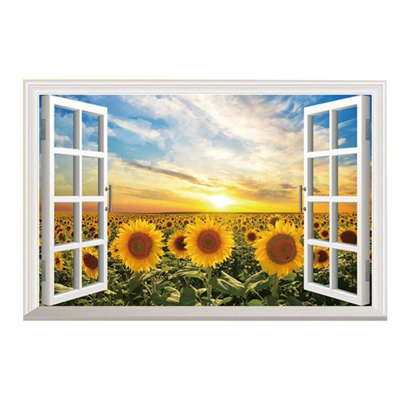 3d Sunflower Fake Windows Wall Stickers Landscape Decal Removable Ikea Ee Malaysia - Ikea Wall Decals Flowers
