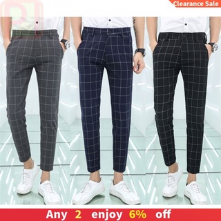 【Ready Stock】Men Plaid Ankle-length Pants Casual Fashion Korean Style Slim Fit Chinos Formal Trousers No Ironing【High quality version】