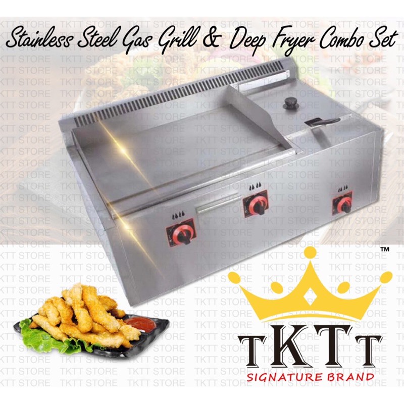 TKTT Stainless Steel Gas Grill Deep Fryer Combo Stove BBQ Western Fast