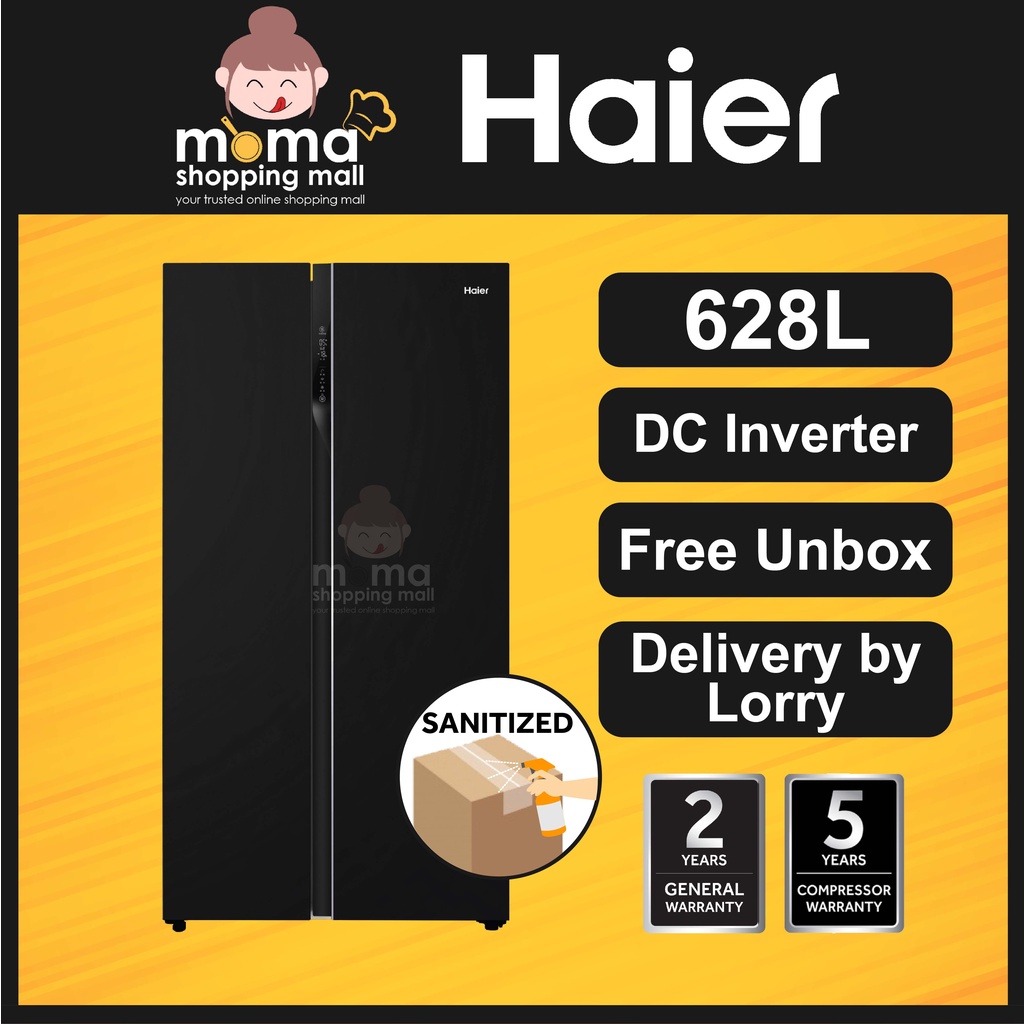 Haier 628L Side By Side Glass Refrigerator Fridge Peti Sejuk with DC Inverter Technology HRF