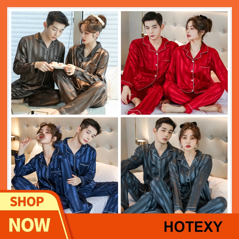 Hotexy couple set baju  tidur  kanak satin  sleepwear long 