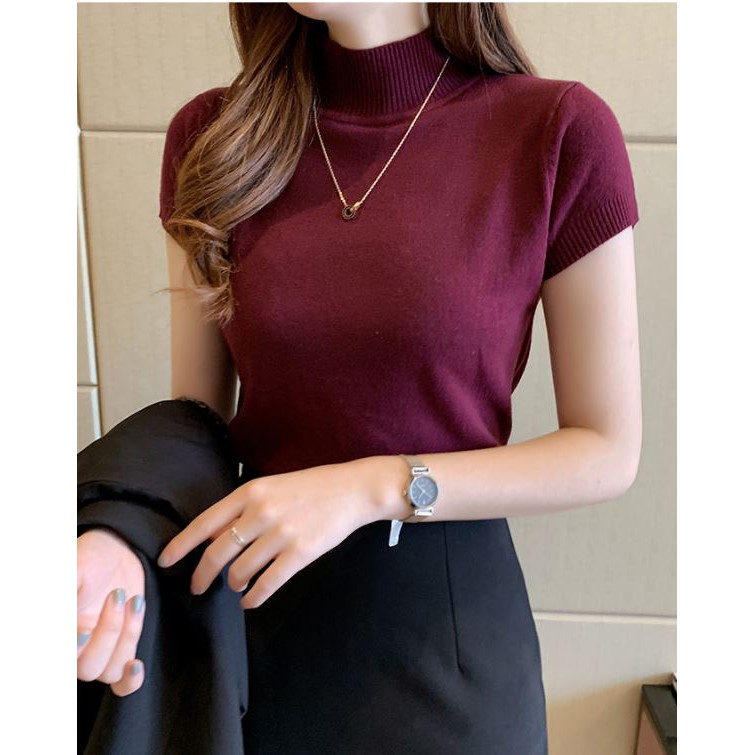 SK179 -M'SIA Stok Sedia Fesyen Baju Wanita Ready Stock Women Knitted Top Women Top半高领半袖针织衫