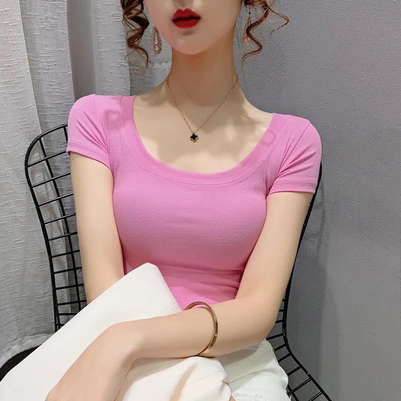 T Shirt Lengan Pendek U Leher Baju Ketat Wanita Musim Panas Gaya Baru 2021 Garis Leher Besar Warna Solid Seksi Bahagian Atas Leher Rendah Shopee Malaysia