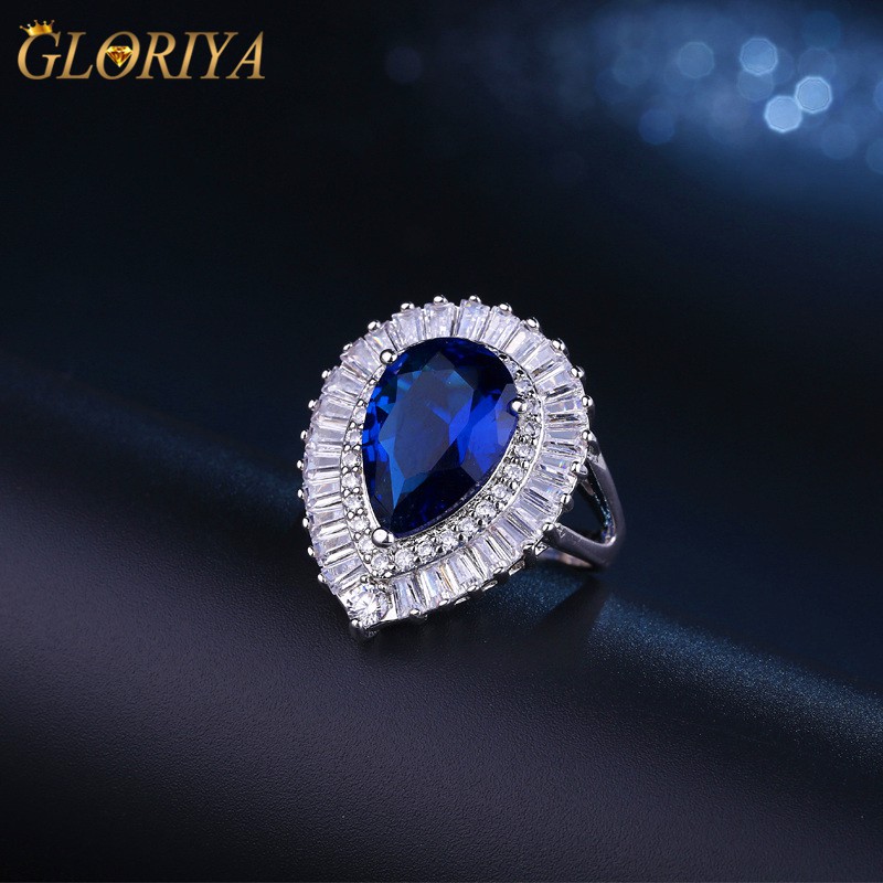 Elegant Sapphire CZ Jewelry Cubic Zirconia Crystal Paved Royal Blue Stone Adjustable Big Party Ring For Women【Gloriya】R042