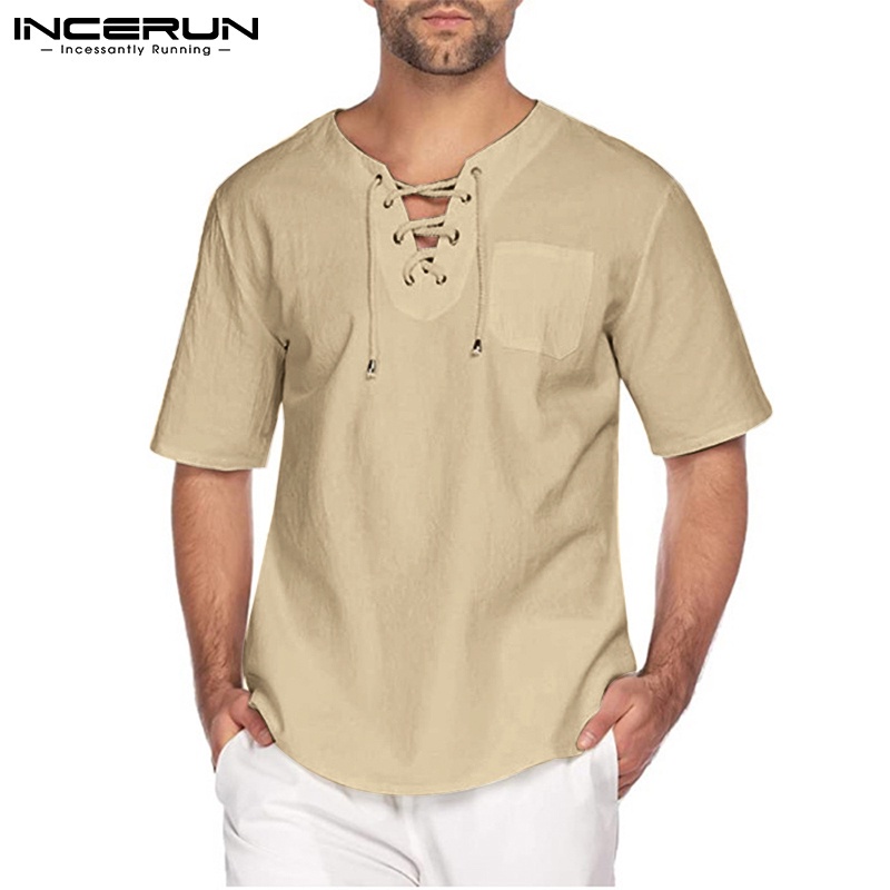 INCERUN Men Summer Casual Cotton Short Sleeve Lace Up Solid Color Shirts