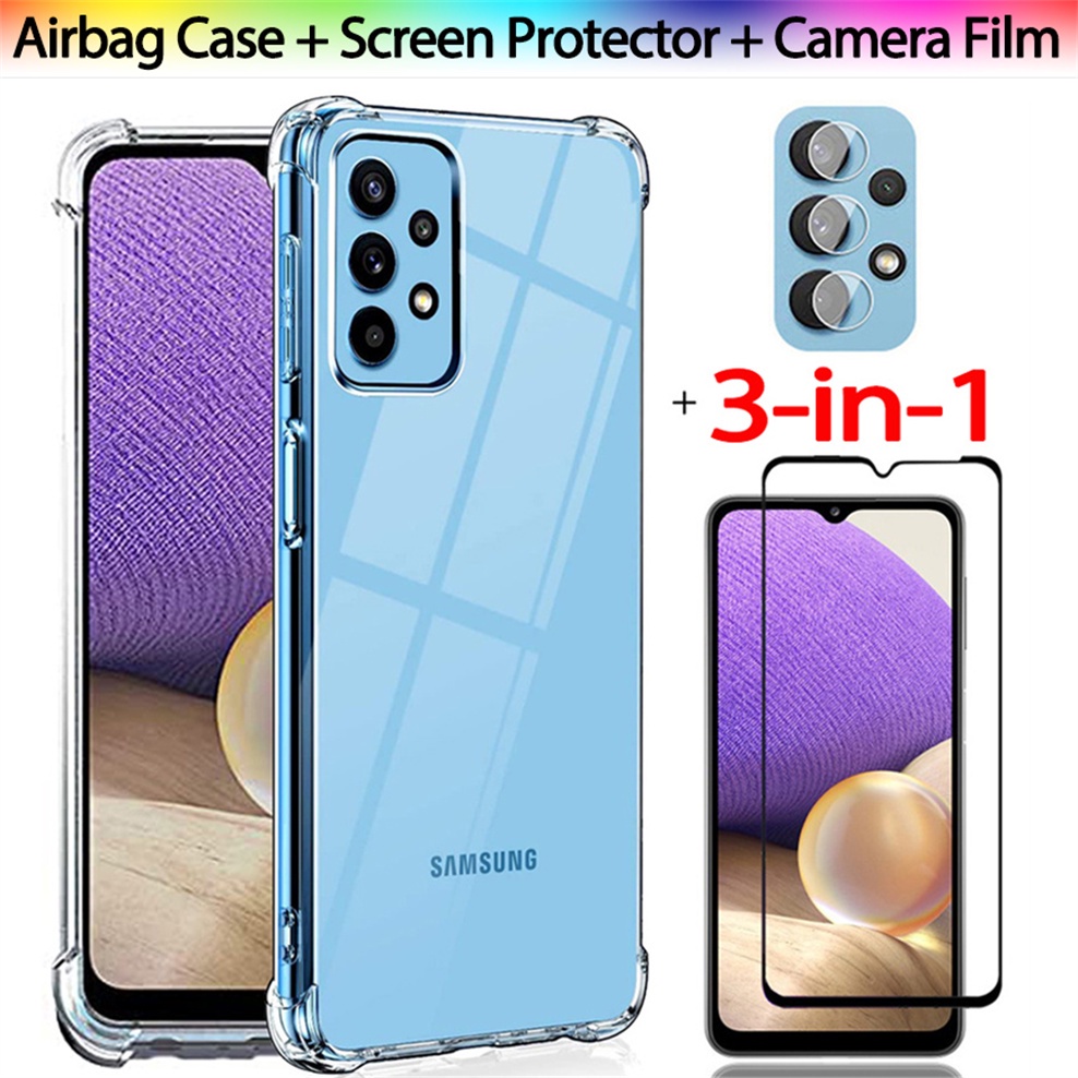 3in1 9H Screen Protector For Samsung Galaxy A53 A73 A33 A13 A23 A03 Core A52 A72 A42 A32 A22 A12 M32 M22 4G 5G Tempered Glass + Camera Lens Glass + Airbag TPU Soft Clear Phone Case