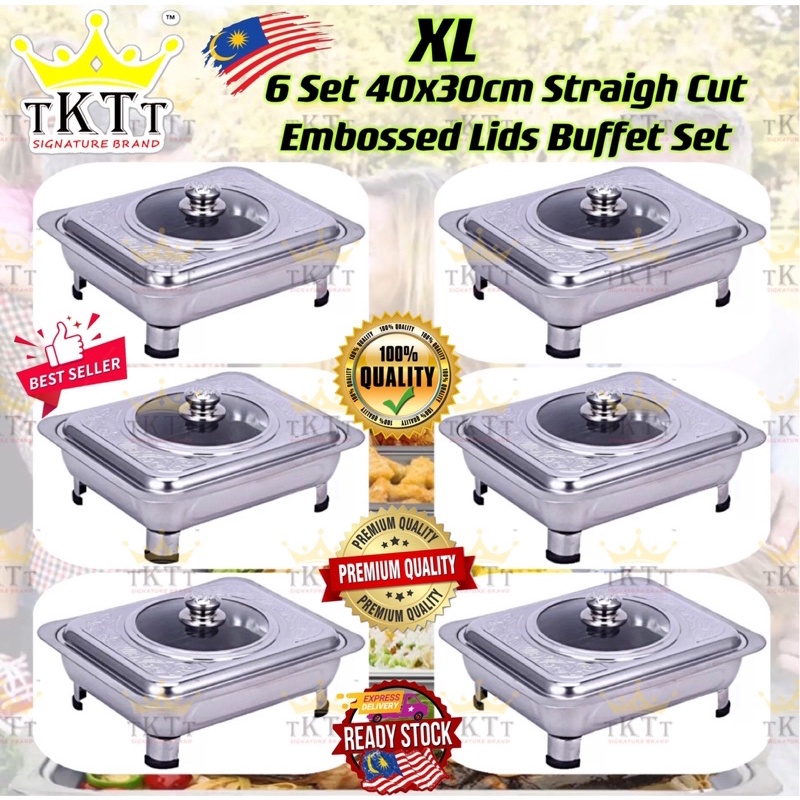 2.TKTT ™️ 6 Set 40x30 XL Embossed Stainless Steel Buffet Set Catering Serving Tray Food Pan Bekas Lauk Katering Serbagun