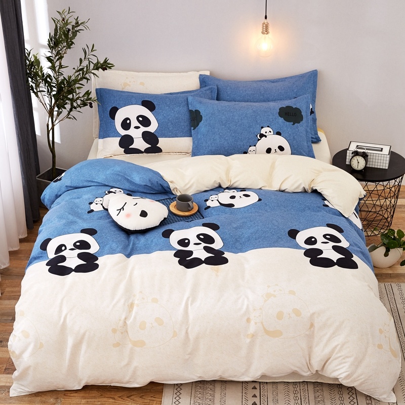 Home Living Panda Printing 3 4pcs Cotton Bed Sheet Pillow Case