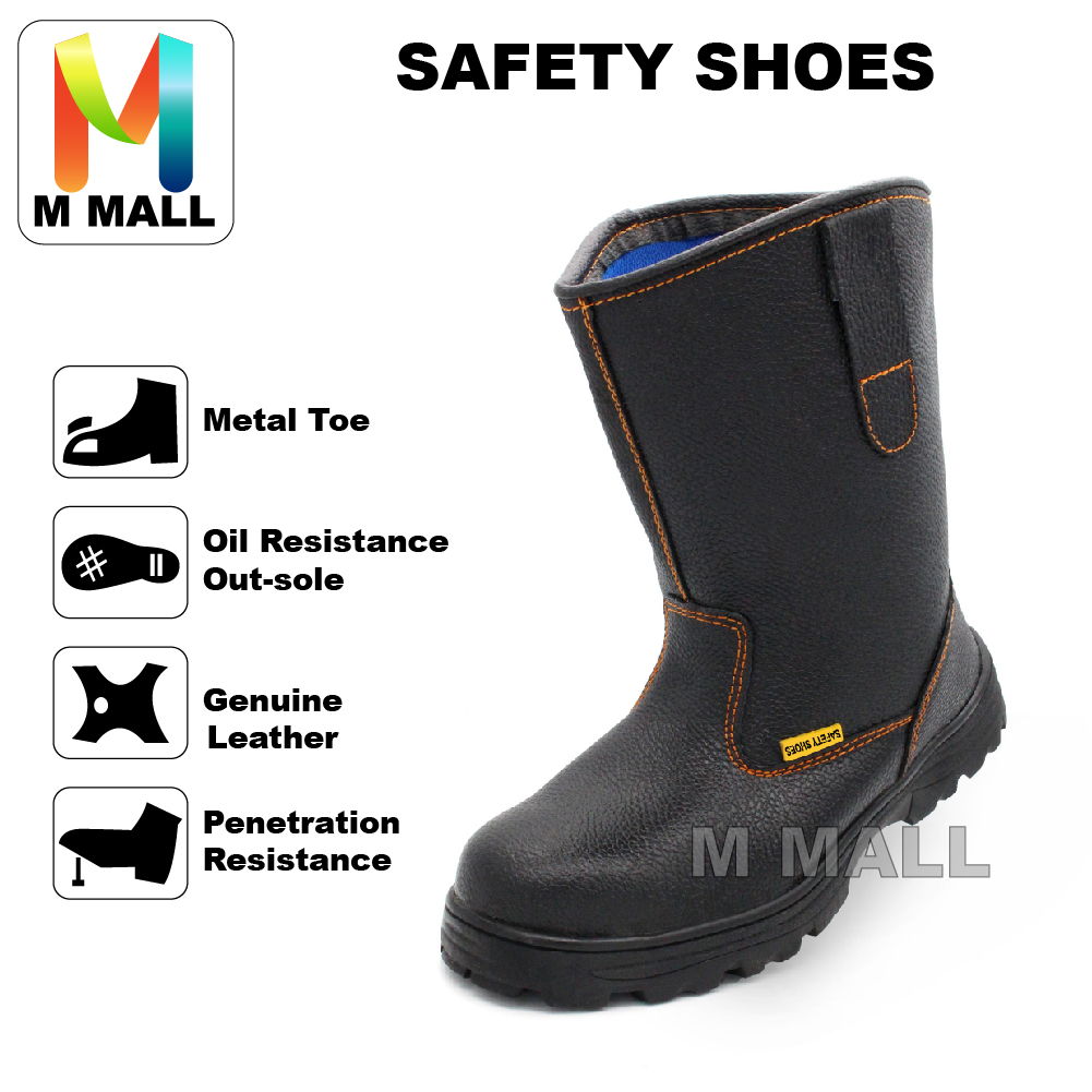 M MALL #900 High-Cut Safety Boot Shoes & Medium-Cut Anti-Smashing Steel Toe Cap with rotating button 682 (BLACK/ YELLOW)