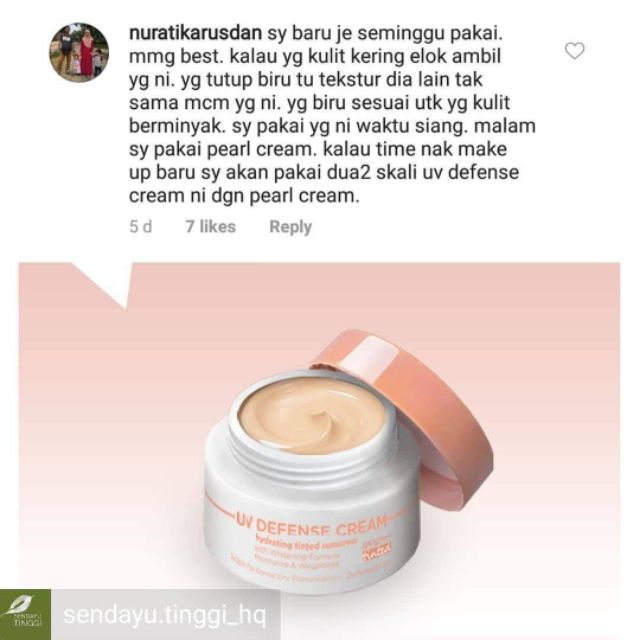 Uv Defense Cream Hydrating Tinted Sunscreen Sendayu Tinggi Free Gift Shopee Malaysia