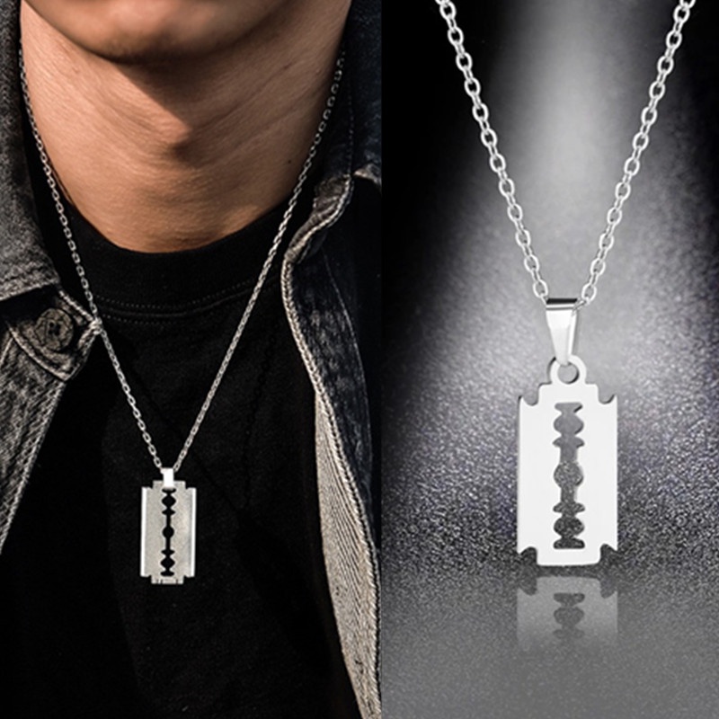 Stainless Steel Safety Blade Razor Pendant Necklace Punk Hiphop Jewelry for Men Boys Geometrical Animal Small Dangling Choker