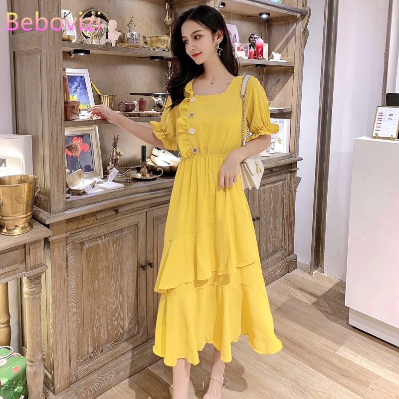 Korea Fashion Green Yellow Women Summer Short Sleeve Midi Dress Casual Work  Clothing | Shopee Malaysia