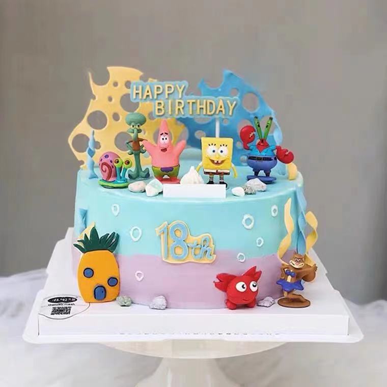 8pcs Solid Spongebob Birthday Cake Decoration Set Pie Daxing Octopus Birthday Baking Utensils Cake Topper Decoration Set