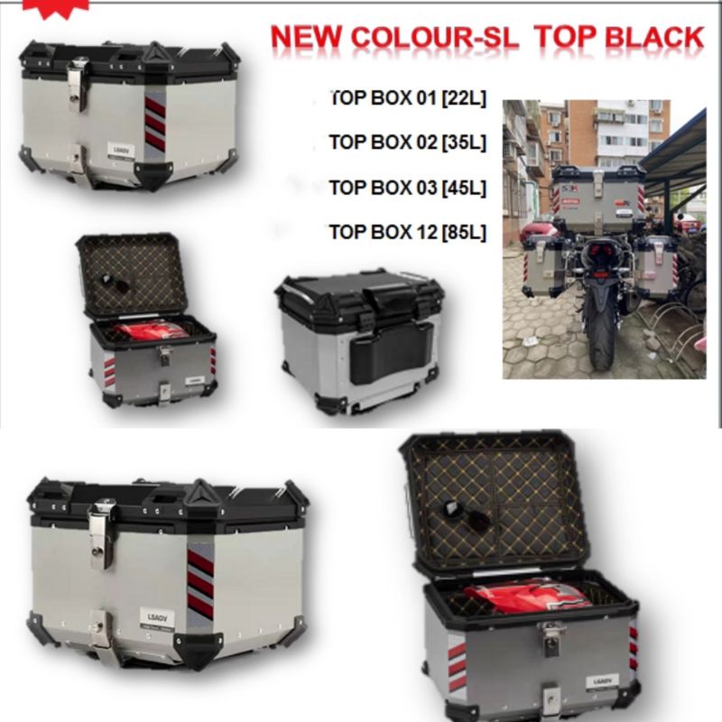 TOP BOX ALUMINIUM 22L/35L/45L/55L/65L/85L TOP BLACK COLOUR BODY SILVER