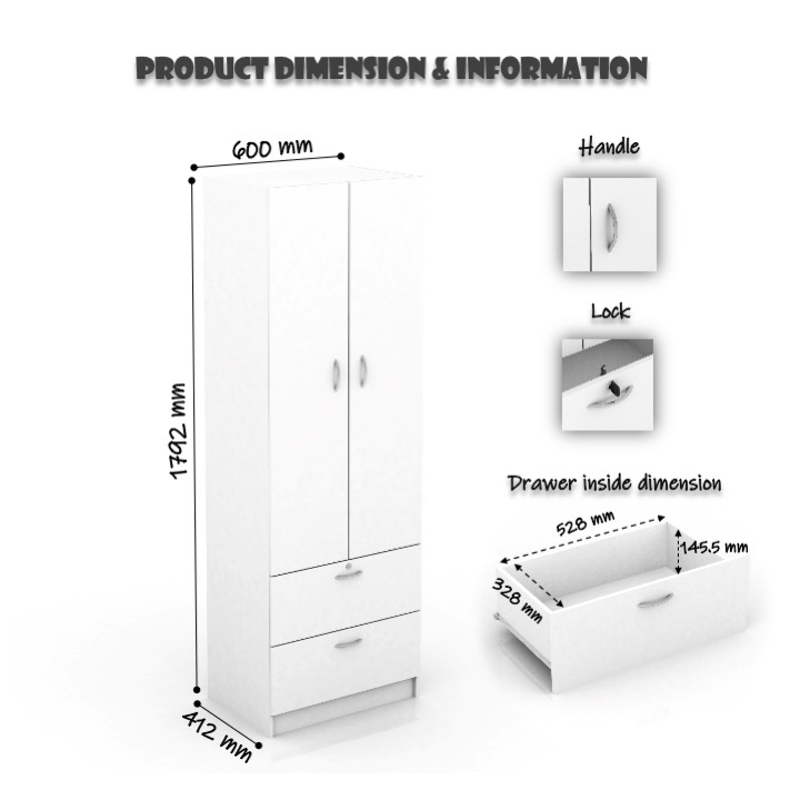 Wonderful Perabot 2 Door Wardrobe with 2 Drawer Almari Baju Almari ...