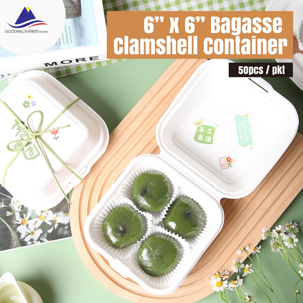 6 x 6 inches Bagasse Clamshell Takeout Containers, 100 Compostable