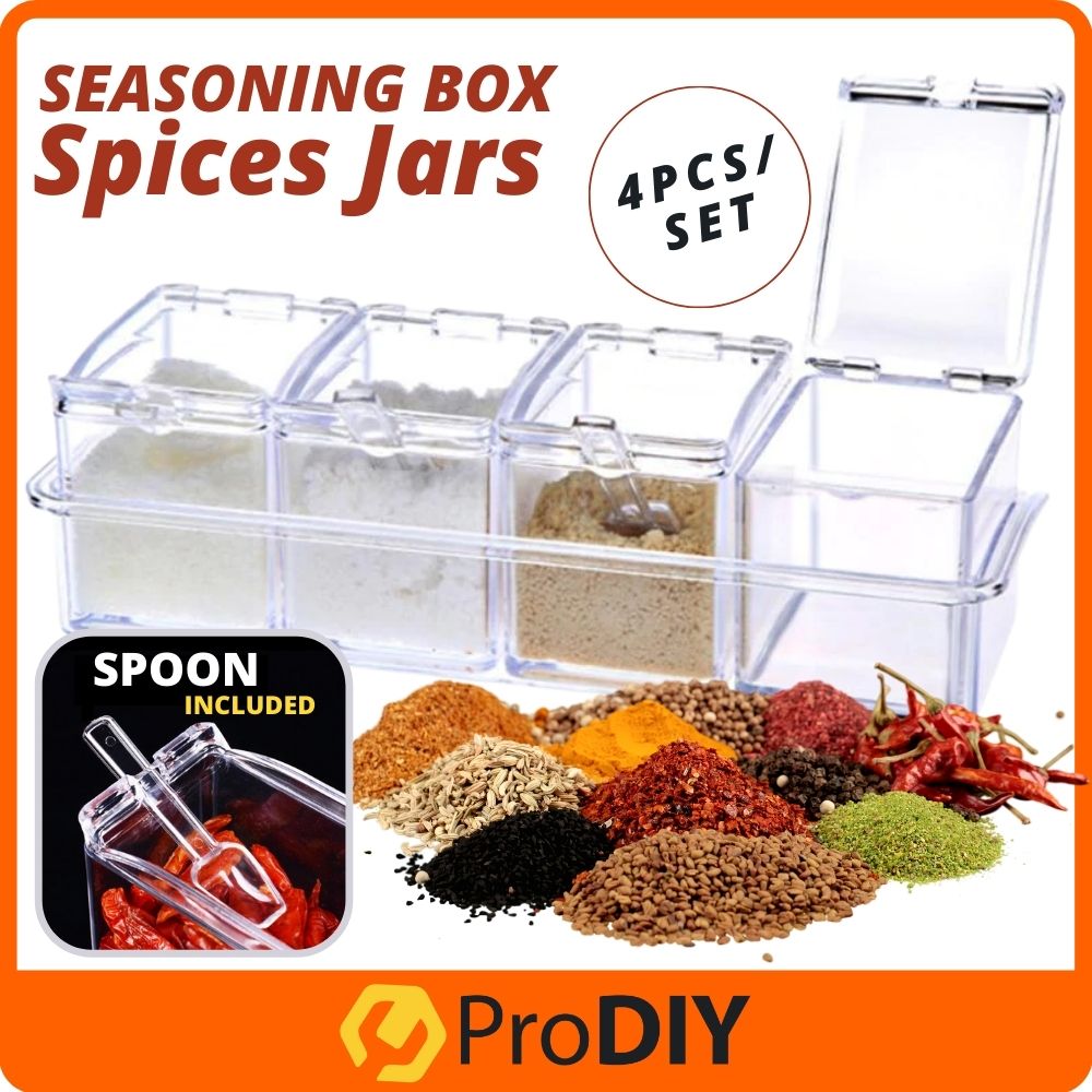 4PCS Spice Rack Transparent Crystal Seasoning Box with Spoons Spice Container Sugar Kitchen Organizer Seasoning Rempah