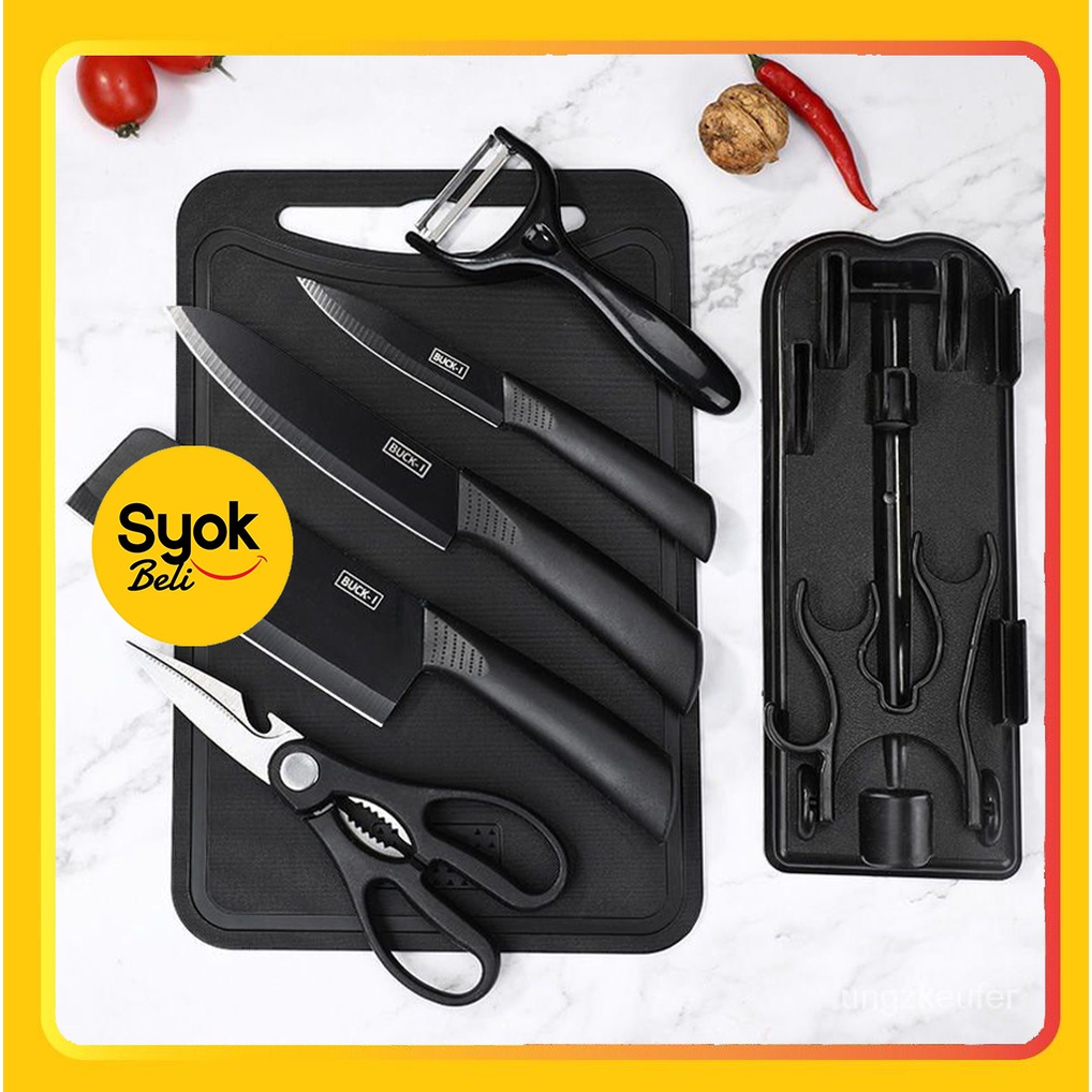 7 IN 1 Kitchen Knife Scissor Peeler Cutlery Culinary Tools Set Pisau Dapur Hitam