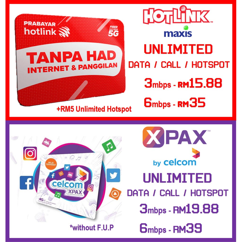 Unlimited Data Prepaid New Sim Card Hotlink Maxis Celcom Xpax Shopee Malaysia