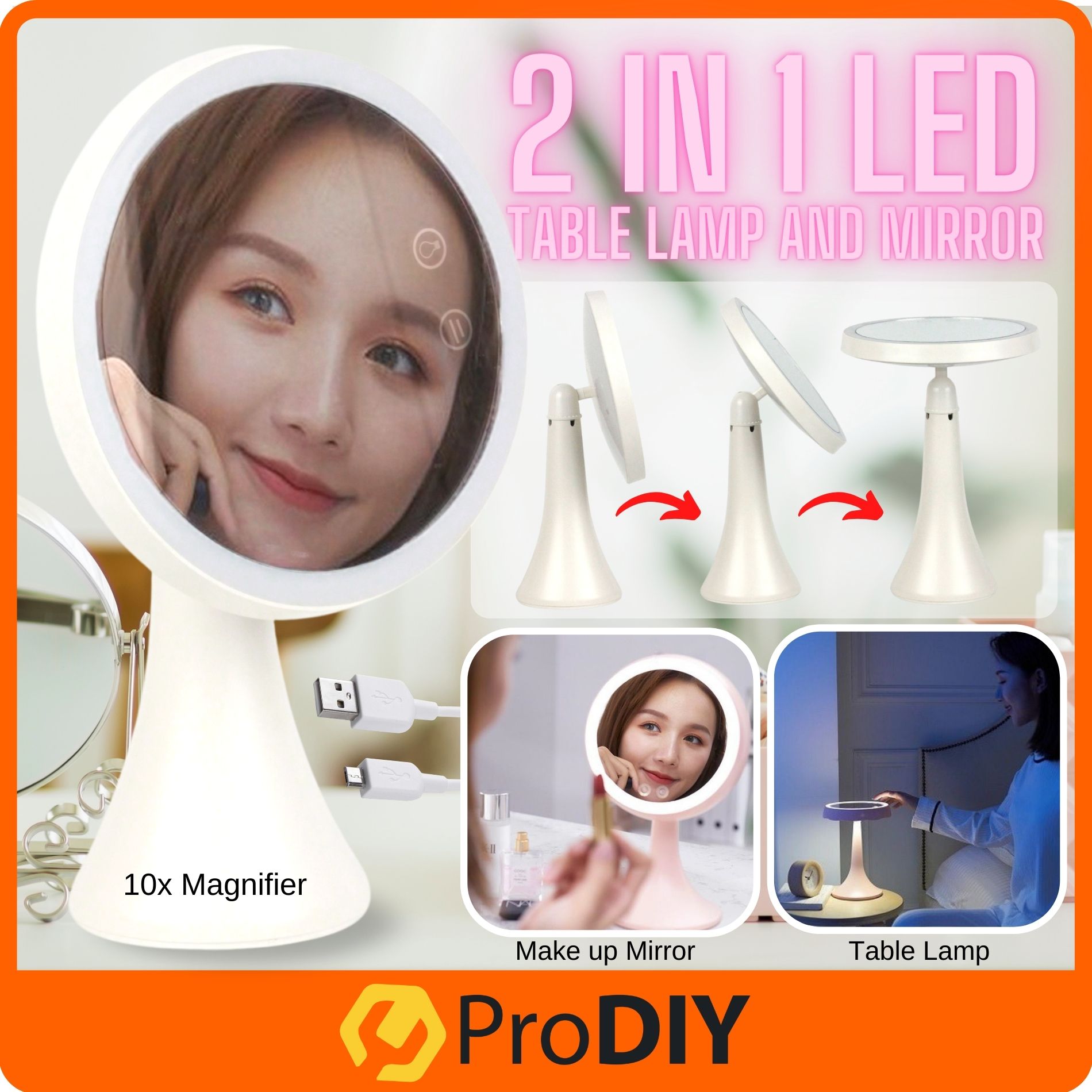 2 in 1 LED Table Lamp with Makeup Mirror Rotable Touch Screen 3 Mode USB Charging Cermin Solek Lampu Meja ( HS-169 )