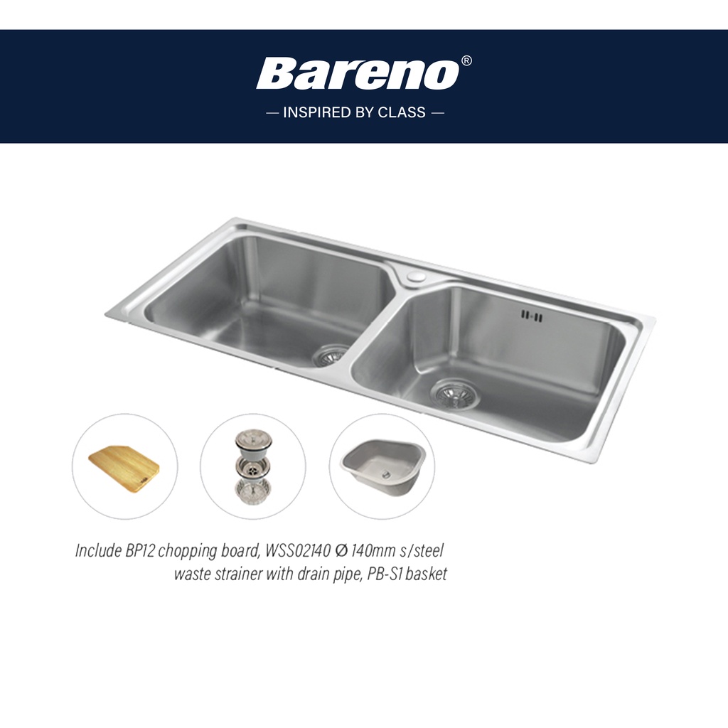 Bareno Stainless Steel SUS 304 Top Mount Double Bowl Kitchen Basin Sink  2038F140 Include Accessories