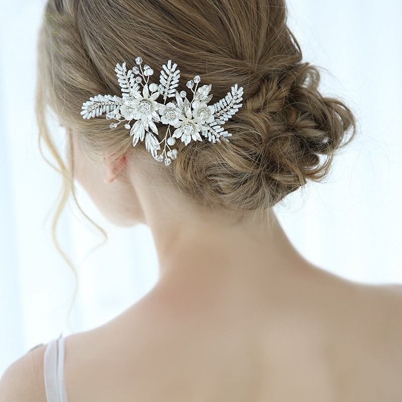 Handmade Silver Austria Crystals Flower Leaf Hair Clip Wedding