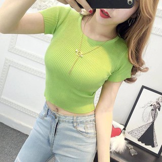 Baju T Shirt Perempuan Baju Lengan Pendek Yang Ketat Wanita Musim Panas Baru Korea Versi Asas Dari Kaos Pendek Sutera Ais Sut Berjalur Pendek Shopee Malaysia