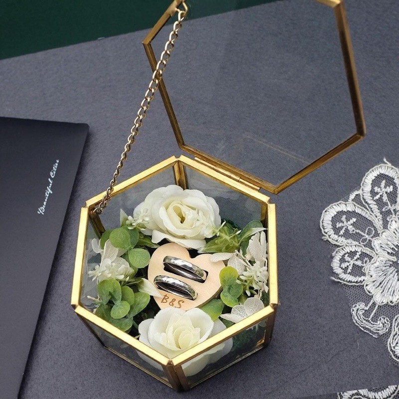 Glass Box Ring Box Wedding Ring Box Hexagon Gold Glass Ring Box Bekas Cincin Ring Bearer Box 9160