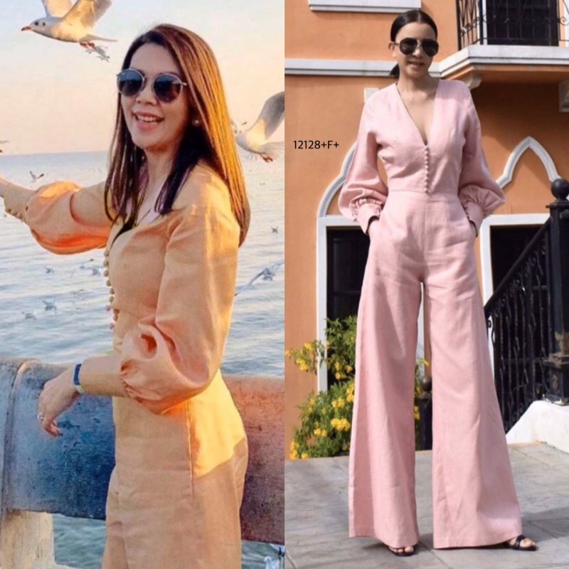 TwinsShopVip TW12128 Jumpsuit V-Neck Long Pants Decorated With Buttons On The Chest
