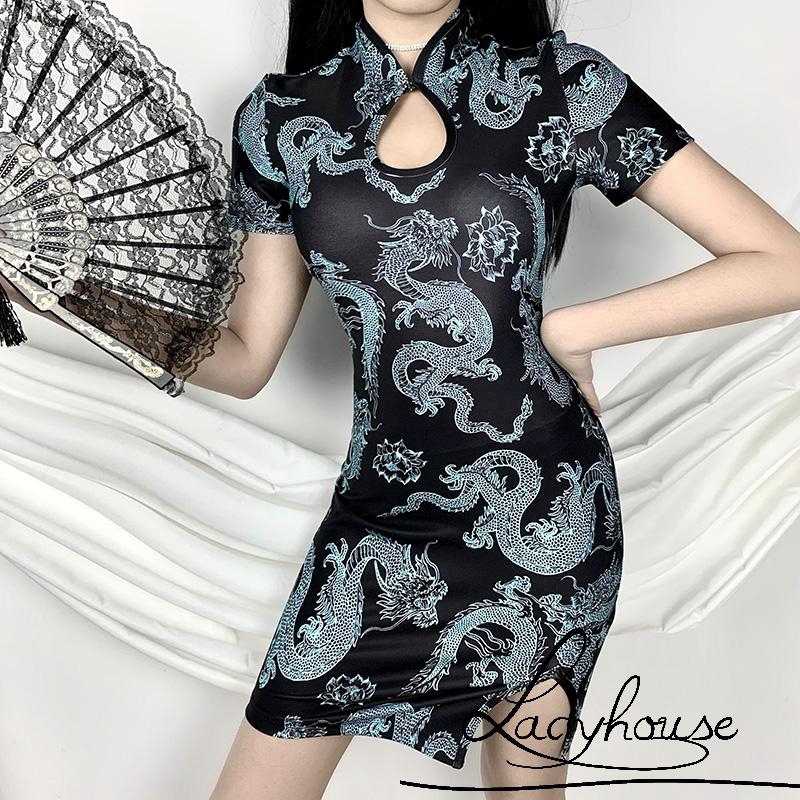 LDChinesestyle Dragon Print Cheongsam Women Split Onepiece Dress
