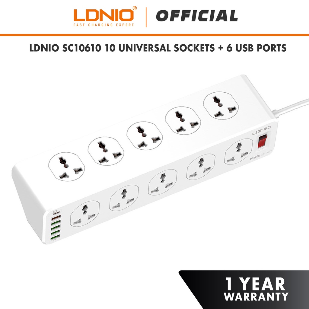 LDNIO SC10610 Surge Protection 10 plug + Type-C PD + QC3.0 6 USB Ports Desktop Extension Home Charger with 2m UK Plug
